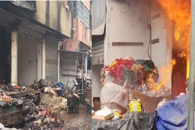 दुमका : टीन बाजार में धू-धू कर जली पूजन सामग्री की दुकान, लाखों का नुकसान
