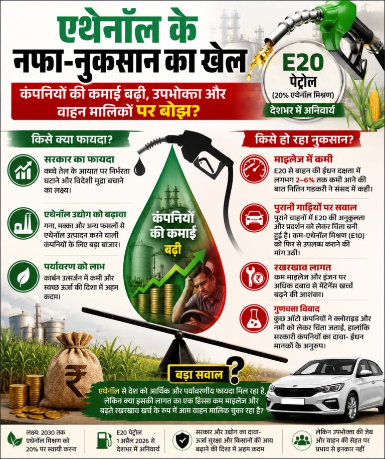 एथेनॉल के नफा-नुकसान का खेल: कंपनियों की कमाई बढ़ी, उपभोक्ता और वाहन मालिकों पर बोझ?